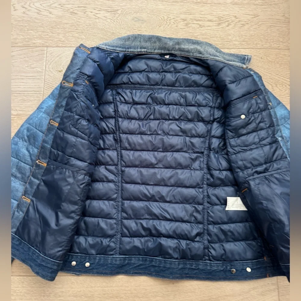 The Love Brand kids light faux denim puffer jacket with denim trim size L